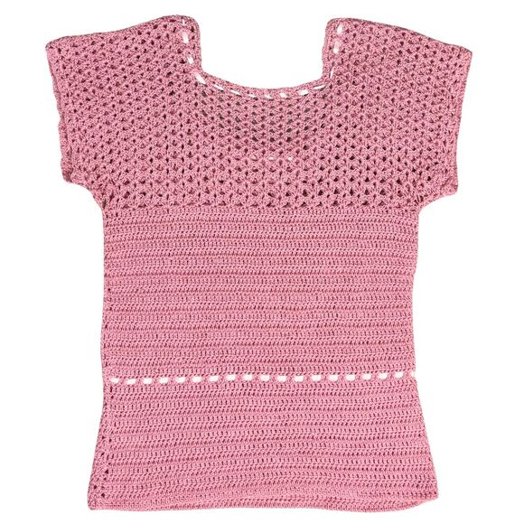Womens Sweater Open Crochet Short Sleeve Pullover Small Pink Casual Y2K Coquette - Picture 3 of 6